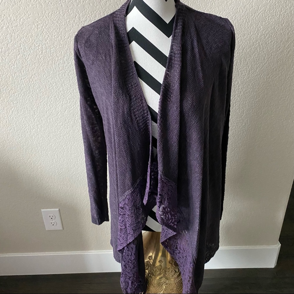 Pink Republic || long sleeve ribbed purple cardigan with lace trim